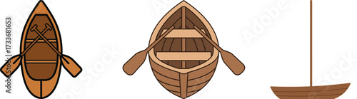 Classic wooden watercraft collection featuring canoes, rowboats, and sailboats, seen from a top-down view