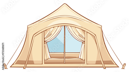 Cartoon Illustration of Beige Camping Tent with Awning and Curtains Perfect for Outdoor Vacation