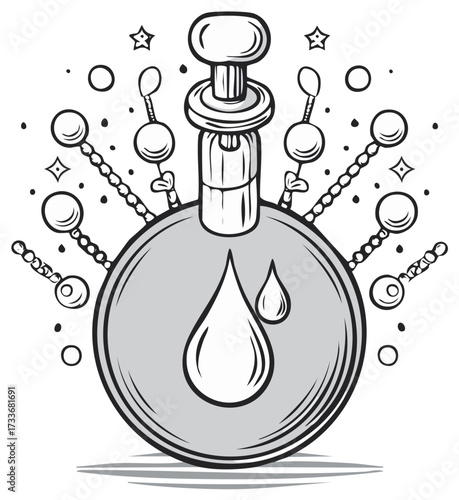 Stylized magic potion bottle with a plunger and liquid drops monochrome illustration