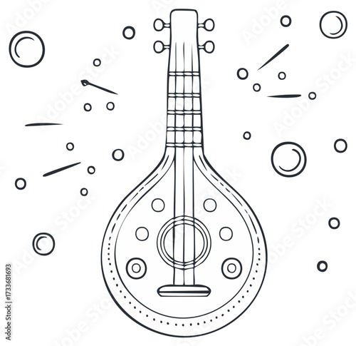 Outline drawing of a traditional lute style musical instrument with decorative circles and lines