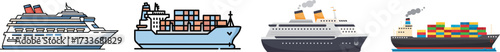 A diverse collection of sea transport ships, including passenger cruise liners and freight container vessels
