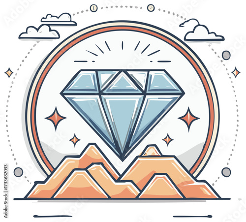 Illustrative Diamond Emblem Over Peaks in Circle Frame Surrounded by Stars and Clouds
