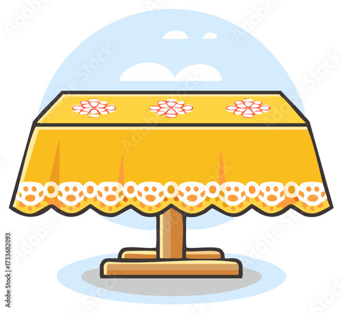 Cartoon illustration of a yellow table with a floral tablecloth