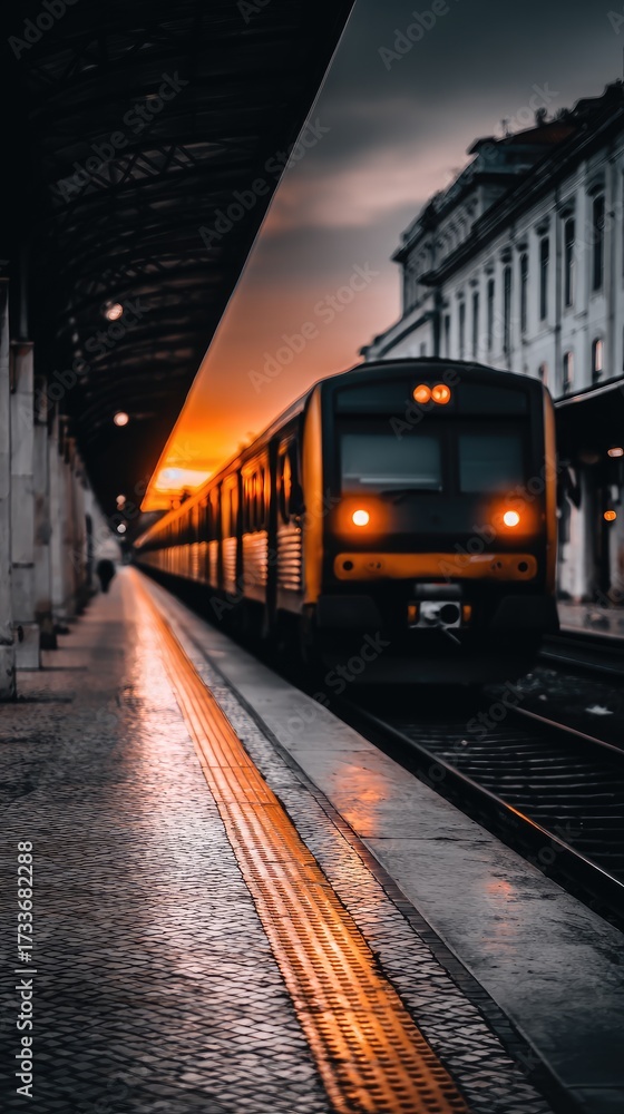 Obraz premium Train approaches the platform at sunset in an urban train station with reflections on the wet ground