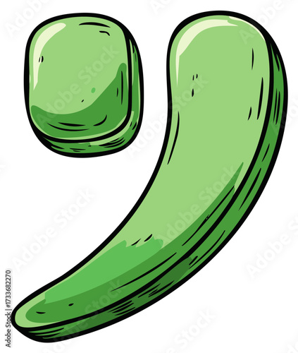 Vibrant green cartoon comma punctuation mark symbol illustration