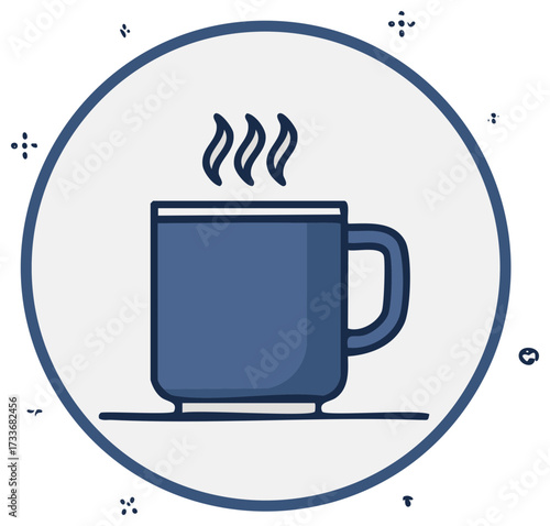 Simple blue coffee mug with steam inside a circle with decorative dots