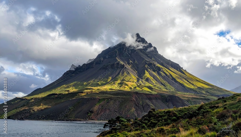 Naklejka premium Jagged, dark mountain with green and gold highlights under a cloudy sky