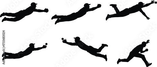 Baseball player diving catch silhouette sequence, athletic motion, sports action, vector illustration, dynamic pose, black figure, isolated on white