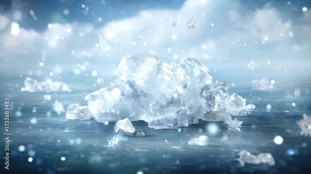 Obraz premium Frozen crystal structures rest on a shimmering surface, surrounded by gentle snowflakes in a calm, winter landscape