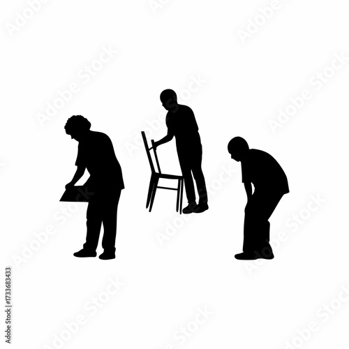 Silhouette of volunteers setting up chairs for an open air literacy class isolated on white background