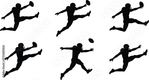 American football punt silhouette, player kicking ball, sports motion sequence, helmet uniform, dynamic action, athletic form, black background, training concept