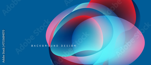 Abstract colorful layers create dynamic circular design. Blue background enhances vibrant red, pink, turquoise hues. Modern aesthetic.