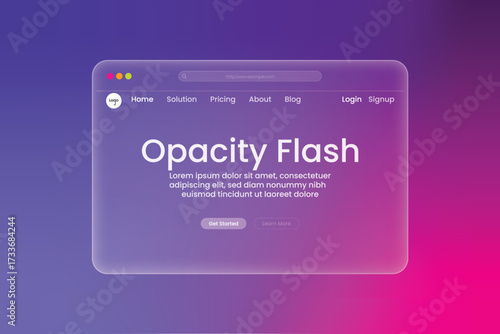 Glassmorphism web design UI browser mockup with frosted opacity effect, gradient purple and pink background, modern minimal landing page template featuring navigation menu, bold typography