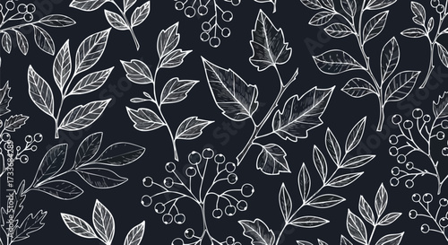 A dark, textured background featuring a repeating pattern of hand-drawn botanical elements, including leaves and berries, in a white chalk-like style.