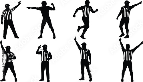 American football referee silhouette, hand signal illustration, player with ball, sports official gesture, black and white pose, game communication art