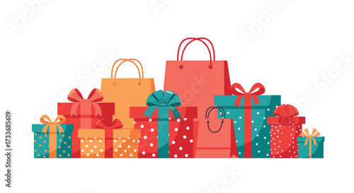 A colorful assortment of wrapped gift boxes and shopping bags arranged in a celebratory display.