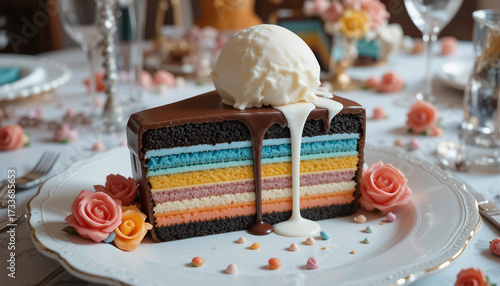 Layered rainbow cake slice topped with vanilla ice cream and dripping cream sauce, elegant dessert.
