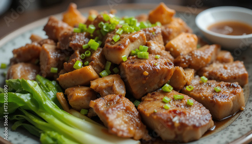 Savory stir-fried pork belly chunks garnished with scallions on a decorative plate, Asian cuisine.