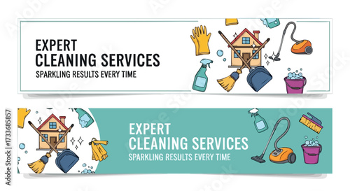 Two banners advertising expert cleaning services, showcasing various cleaning tools and a house illustration.
