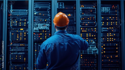A technician in an orange hard hat works on a server rack filled with blinking lights, managing data and technology in a modern data center.