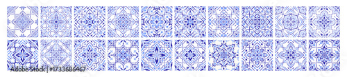 Mediterranean ceramic tile set, border. Blue seamless patterns, no background. Spanish, Sicilian, Portuguese, Italian folk traditional ornaments. Floral ethnic motifs, mosaic design prints. Vector
