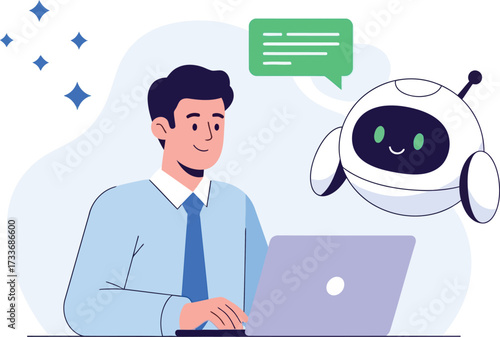 Man chatting with robot assistant isolated on white background