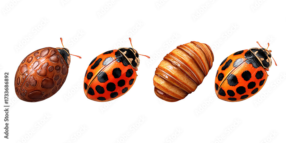 Fototapeta premium Ladybug Life Cycle Stages, from Pupa to Adult, showcasing metamorphosis and transformation in nature, isolated on black background
