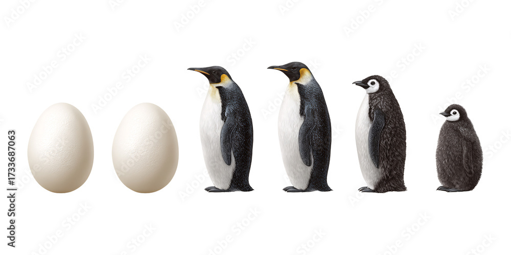 Fototapeta premium Emperor Penguin Life Cycle Stages: Eggs, Chick, Juvenile, and Adult Penguins on Isolated Black Background Concept of Animal Development and Wildlife