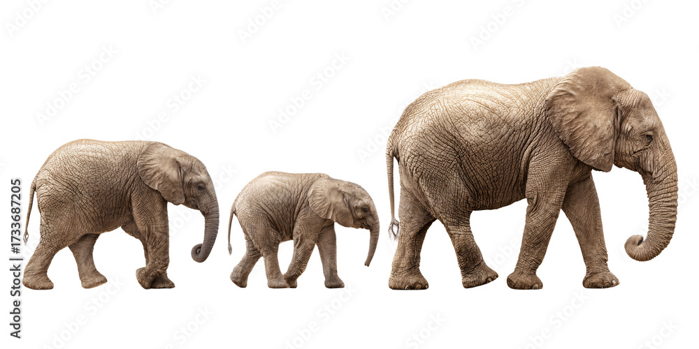 Obraz premium African elephant family walking in a row, mother and two calves isolated on black background Concept of wildlife, conservation, and animal family
