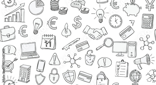 Hand-drawn seamless pattern of various business, finance, and technology icons on a white background.
