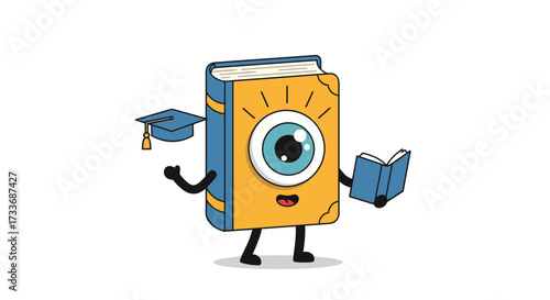 An anthropomorphic book with an eye and arms holding a small book and wearing a graduation cap.