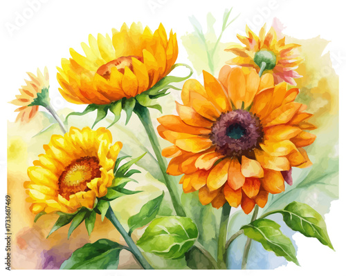 Vibrant Sunflower and Marigold Watercolor Illustration 