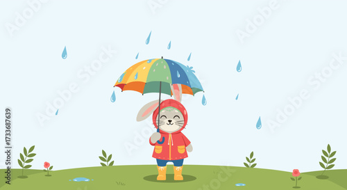 A cute bunny in a red raincoat holding a colorful umbrella while it rains outside.