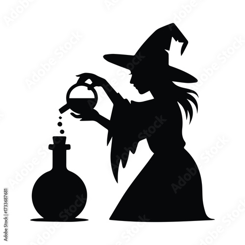 Silhouette of a witch brewing potion with bubbling liquid into a flask for halloween magic silhouette