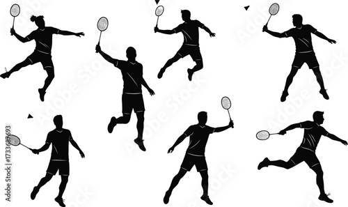 Badminton player silhouette, black vector illustration, racket swing pose, shuttlecock action, sports movement, isolated icon, dynamic posture, athletic gesture