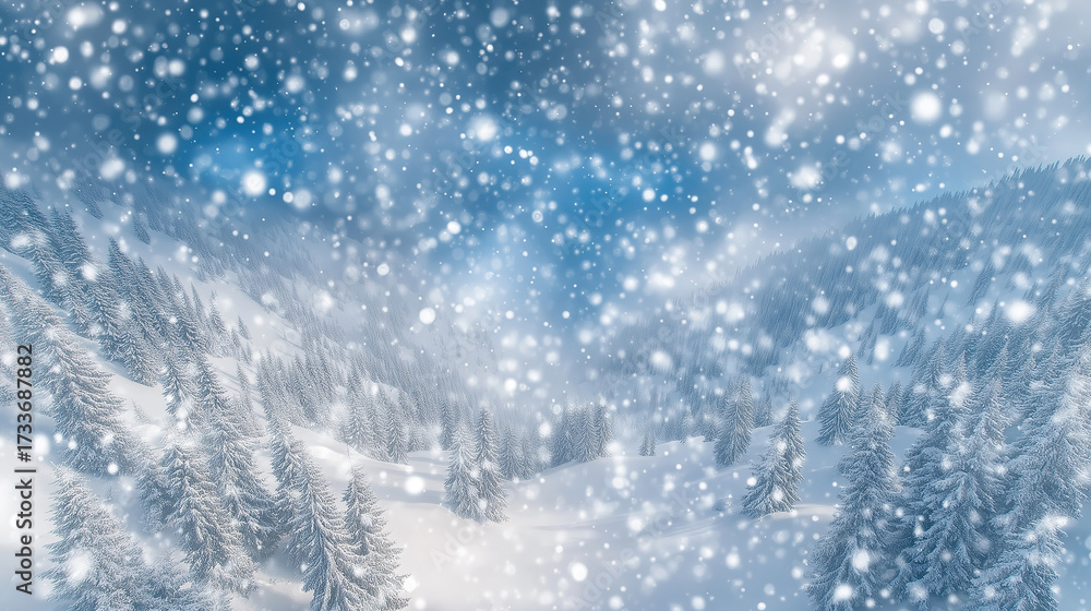 Obraz premium Winter landscape with soft snowflakes falling amidst evergreen trees under a tranquil sky