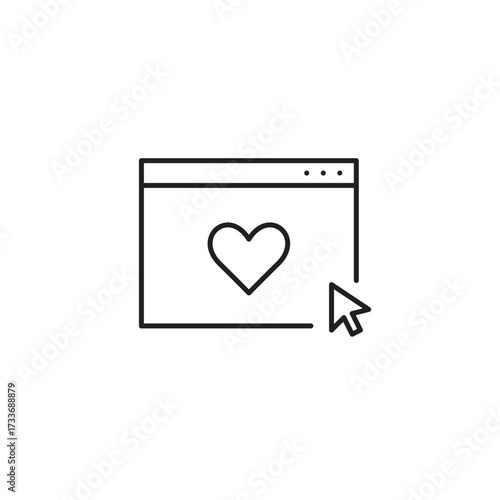 Heart on web page. Customer support, remote user care. User-friendly interface. Pixel perfect, editable stroke vector icon