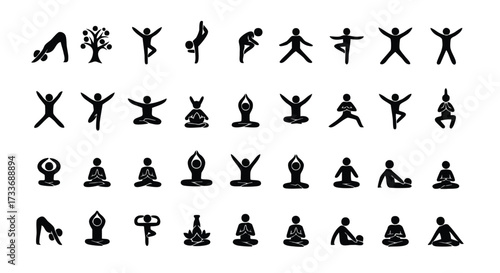 A collection of diverse yoga poses and meditation figures depicted in a simple black and white silhouette style.