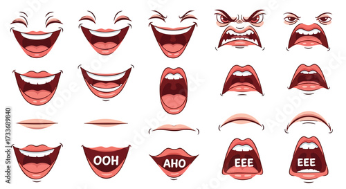 A collection of cartoon mouths showing various expressions and phonemes for animation.