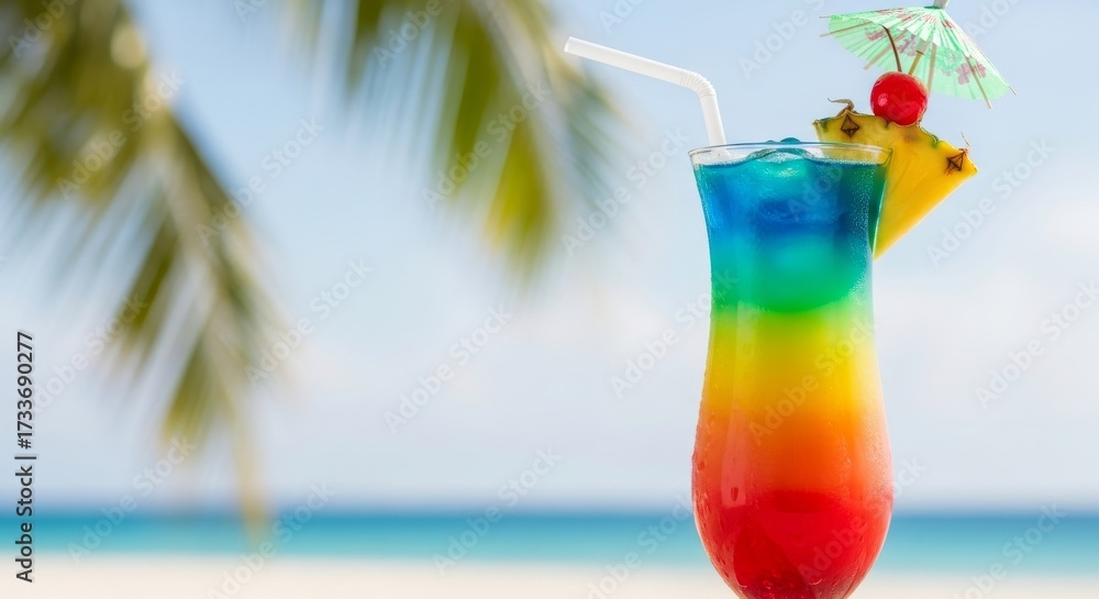 Obraz premium Tropical Rainbow Cocktail on Beach: Refreshing Drink with Pineapple and Cherry