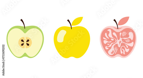Illustration of three apples one half cut open a whole yellow and a stylized pink apple.
