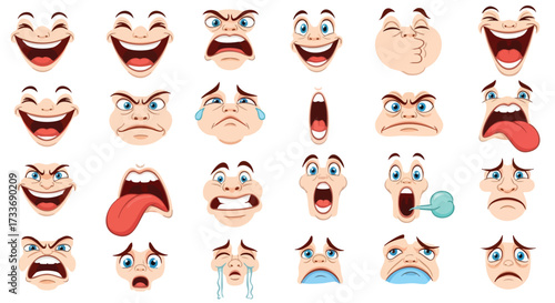 A large collection of diverse cartoon faces depicting a wide range of human emotions and expressions, from joy to anger and sadness.