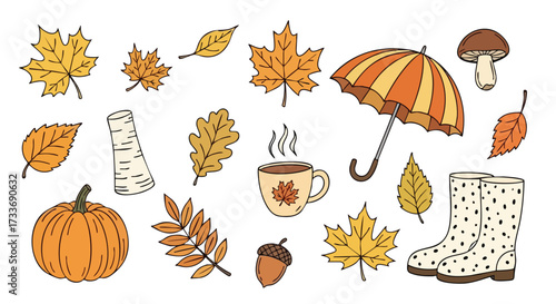 Autumn themed doodle illustration with leaves, pumpkin, umbrella, and boots.