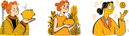Women with Piggy Banks – Budgeting and Personal Savings (Hand-Drawn Vector)