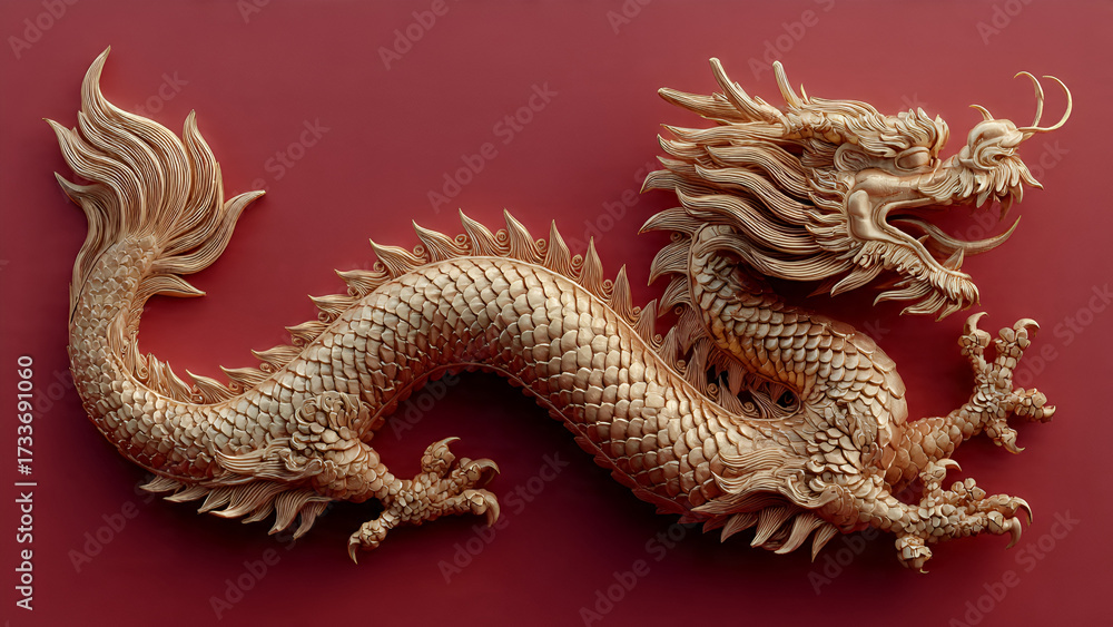Obraz premium Chinese New Year 2025 Golden Dragon Illustration with Red Backgroun