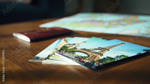 Wallpaper Mural Travel memories with Paris Eiffel Tower postcards and map on wooden table. Torontodigital.ca