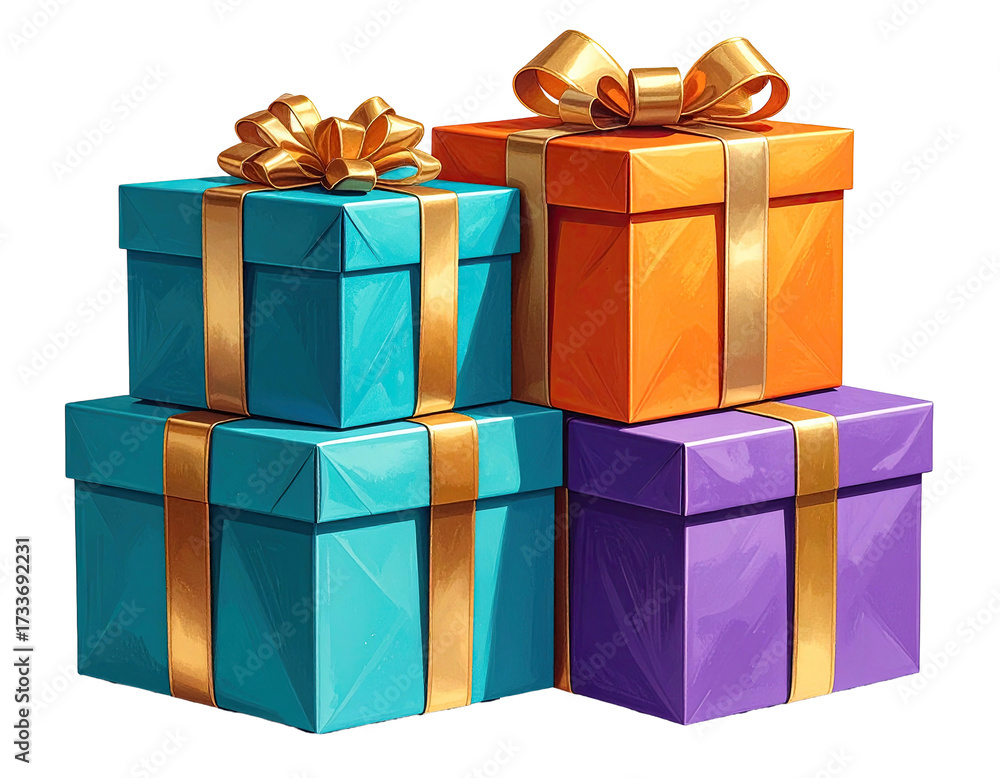 Obraz premium Stacked, colorful gift boxes with gold bows, digitally rendered, on a black background