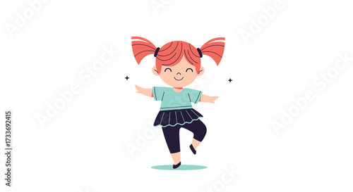 A cheerful cartoon girl with red pigtails dancing energetically with her arms extended outwards.