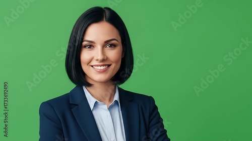 Confident businesswoman smiling with folded arms wearing a dark blue blazer over a white shirt set against vibrant green background showcasing professional demeanor and positive attitude