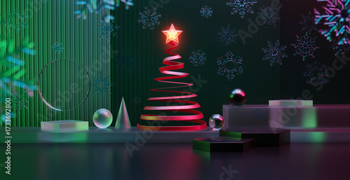 3d rendering christmas abstract setting with glowing tree and snowflakes